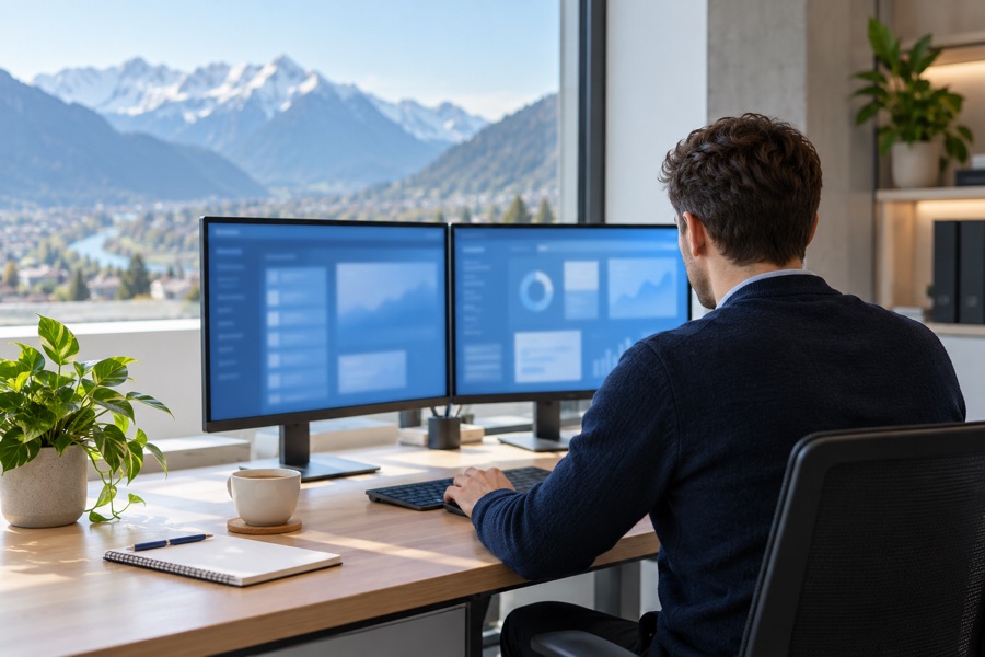 Arbeitsplatz mit Blick auf die Berge (Symbolbild)